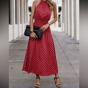1066. Elegant Red Polka Dot Halter Dress